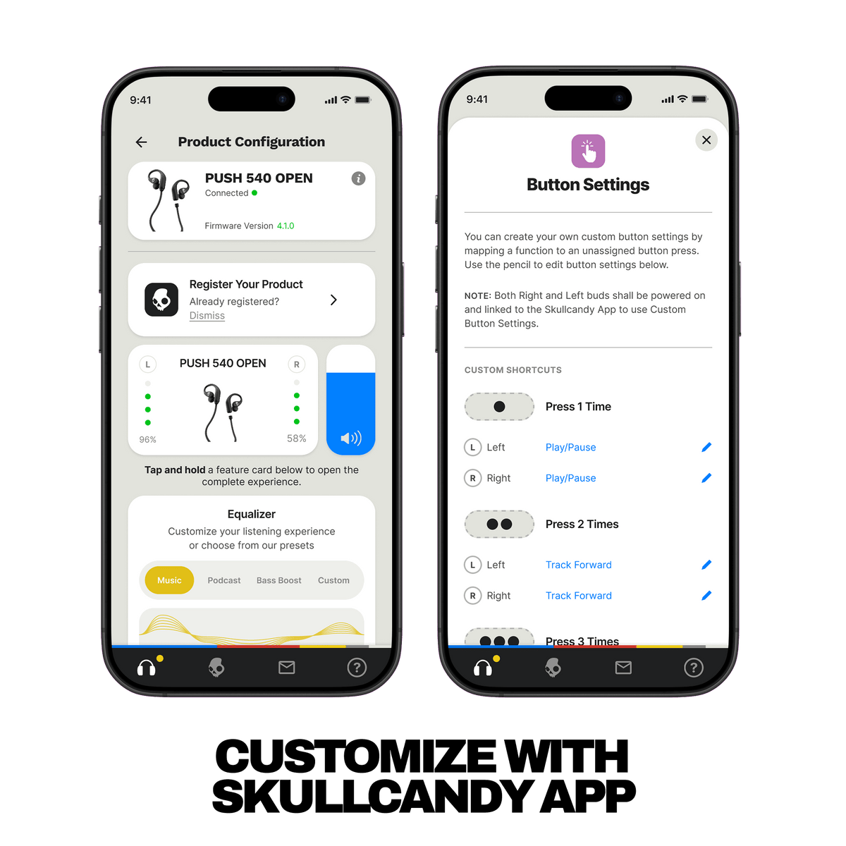 Skullcandy Push 540 Open wireless open-ear headphones with Skullcandy App support for custom button settings and personalized EQ control | True Black