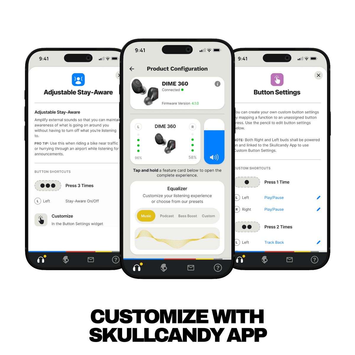 Three smartphone screens displaying different app interfaces on a black background | Skullcandy X Peanuts Snoopy