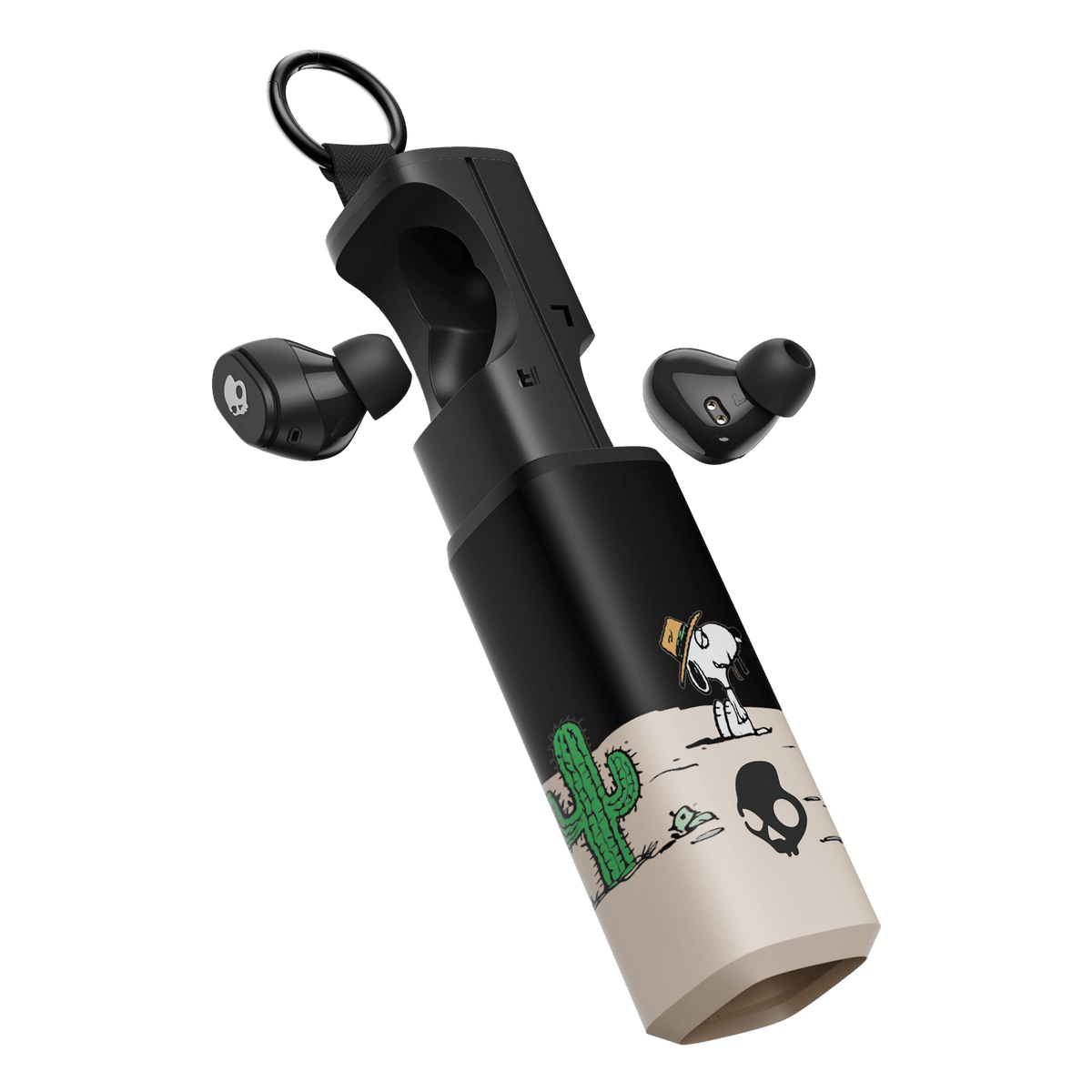 Black wireless dime 360 earbuds with a matching cylindrical charging case featuring a spike llustration, skull, and a small character. The case has a black upper section and a beige lower section, with a black carrying loop at the top, shown on a plain white background.  | Skullcandy X Peanuts Spike