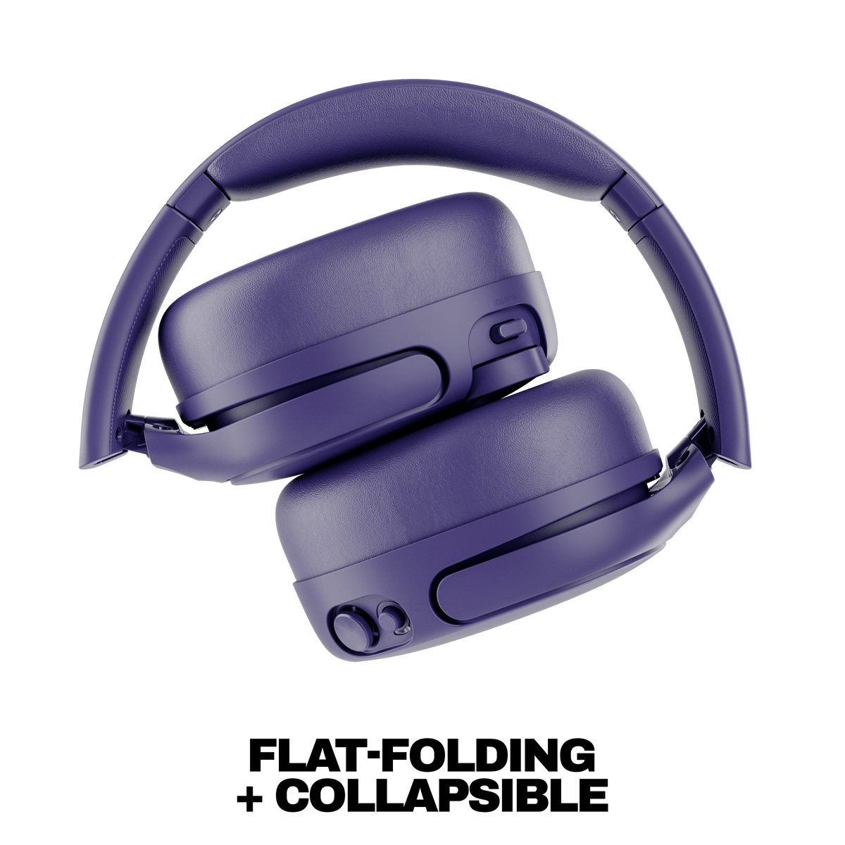 A pair of over-ear headphones in a matte dark purple color, shown from an angled top-down view on a white background with the text 'FLAT-FOLDING + COLLAPSIBLE' below. | Future